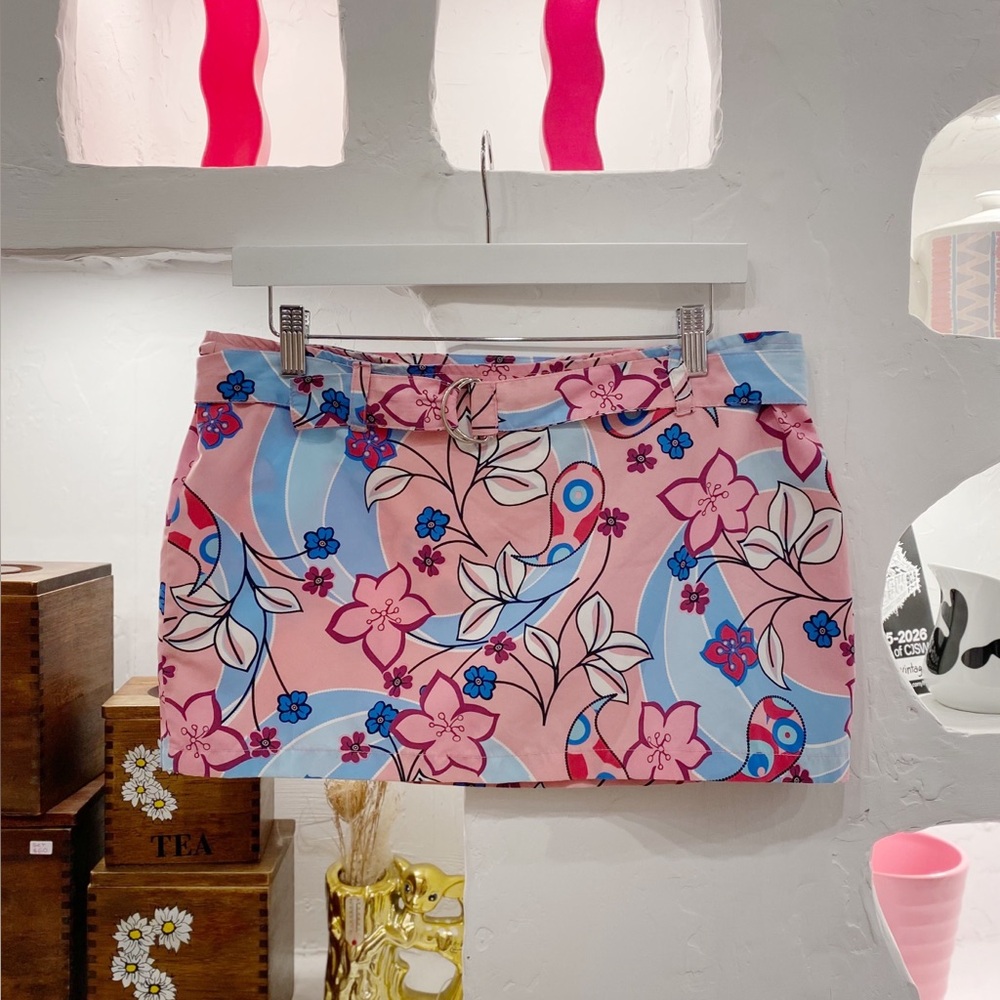 Vintage Y2K Pink and Blue Floral Belted Mini Skirt - Picture 4 of 4